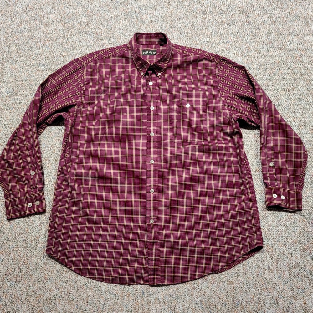Orvis Country Twill Shirt Men XL Red Plaid Button Down Long Sleeve Cotton Hiking